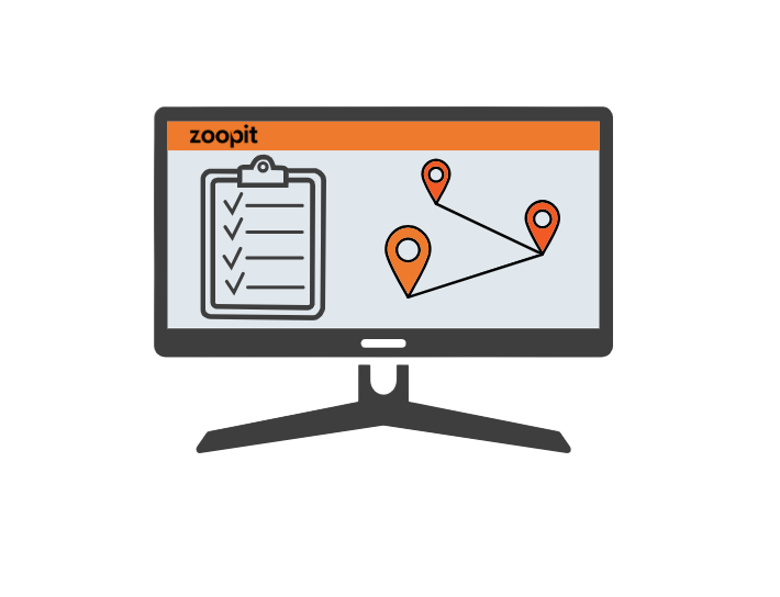 en dataskjerm med utklippstavle og oransje pinner